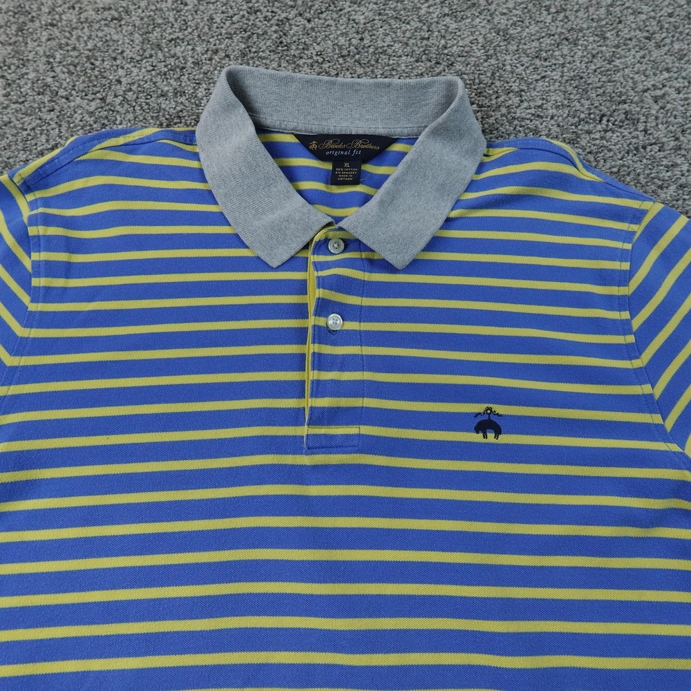 Brooks Brothers Polo Shirt Mens XL Blue Yellow Stripe Golf Casual Preppy Stretch